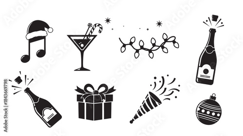 New Year Party Icons with Champagne, Gifts, and Decorations