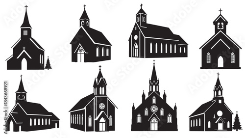 Black Churches Silhouettes Isolated on White Background