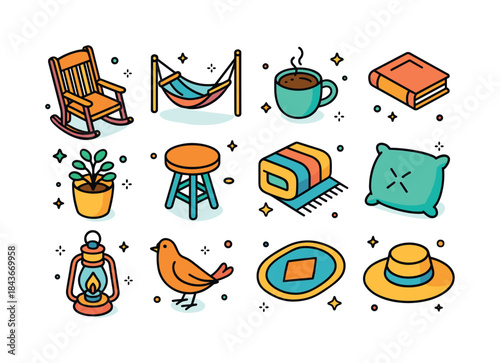Cozy Porch Essentials. Family Porch Time. Colorful isometric vec