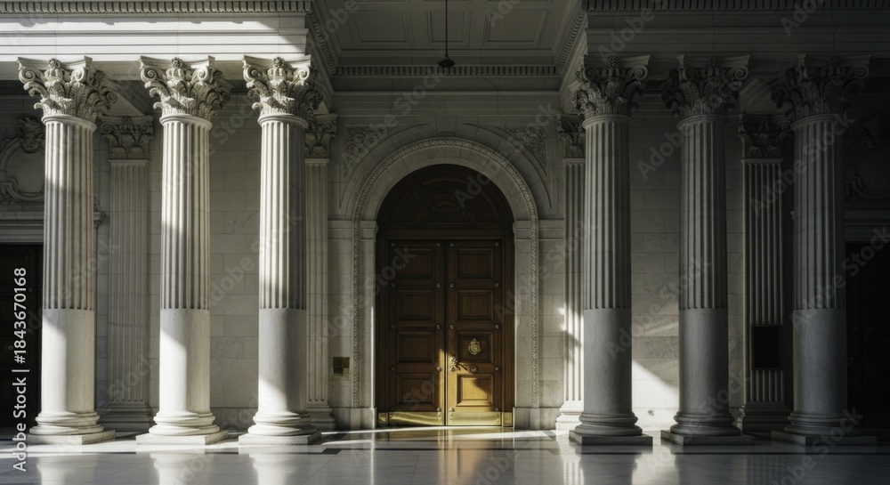 Obraz premium Sunlit Grand Entrance Hall with Neoclassical Marble Columns and Ornate Wooden Door, Reflecting Light on a Polished Floor, showcasing classical architectural beauty.