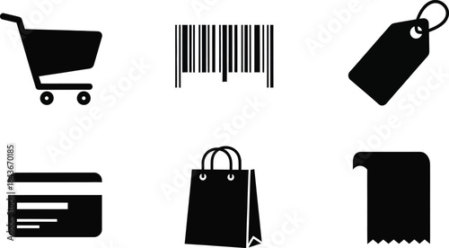 A collection of black icons representing shopping and retail, including a shopping cart, barcode, tag, credit card, shopping bag, and receipt