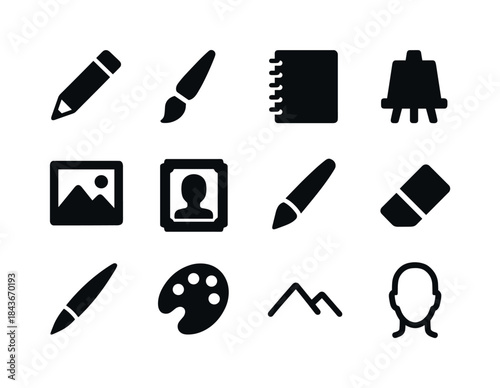 Art Tools Icon Set. Drawing and sketching landscapes or portrait