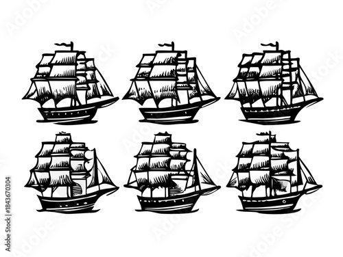 Six stylized sailing ships in black and white