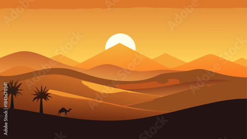 Camels silhouetted against a desert sunset reflection Two camels by a desert oasis at sunset 