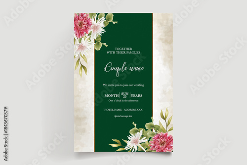 WEDDING INVITATION FRAME WITH FLOWER DECORATIONS AND FRESH LEAVES