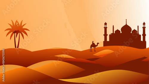 Camels silhouetted against a desert sunset reflection Two camels by a desert oasis at sunset 