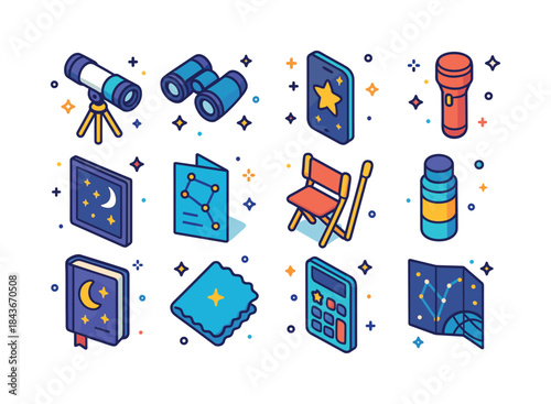 Skywatching Essentials Icons. Skywatching. Colorful isometric ve