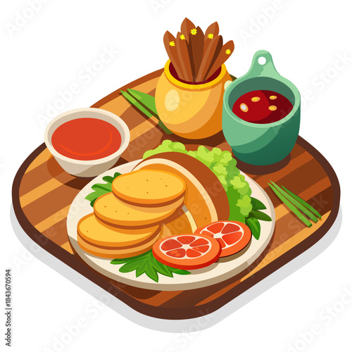 Delicious isometric food platter with sauces and garnish