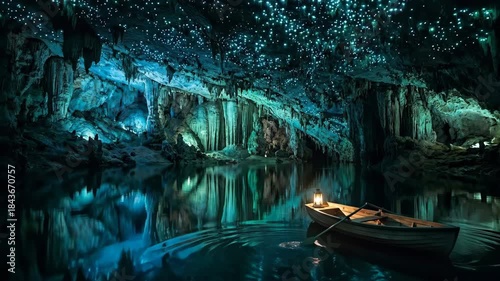 Boat floats on a calm underground river in waitomo caves beneath a starry ceiling of glowworms, their blue bioluminescence reflecting on limestone formations, serene and magical