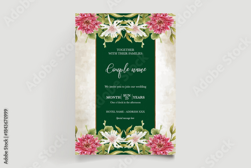 WEDDING INVITATION FRAME WITH FLOWER DECORATIONS AND FRESH LEAVES