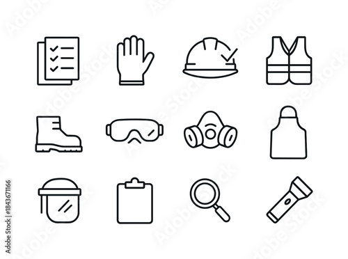 PPE Icons Grid. PPE inspection. Line icon set of PPE inspection: