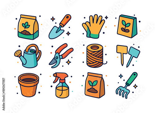 Garden Supplies Icons. garden supplies. Colorful isometric vecto