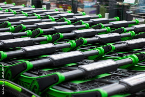 Neatly stacked shopping carts with reflective handles and nested wheels await use in store