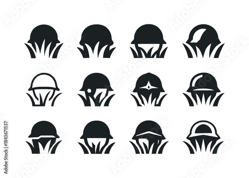 Soldier Helmets Logo Grid. Enemy soldiers hiding. Icon set. Set