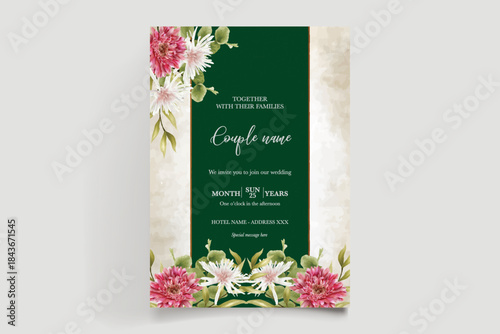 WEDDING INVITATION FRAME WITH FLOWER DECORATIONS AND FRESH LEAVES