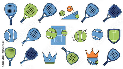 Collection of colorful sport rackets balls and accessories for outdoor and indoor gameplay