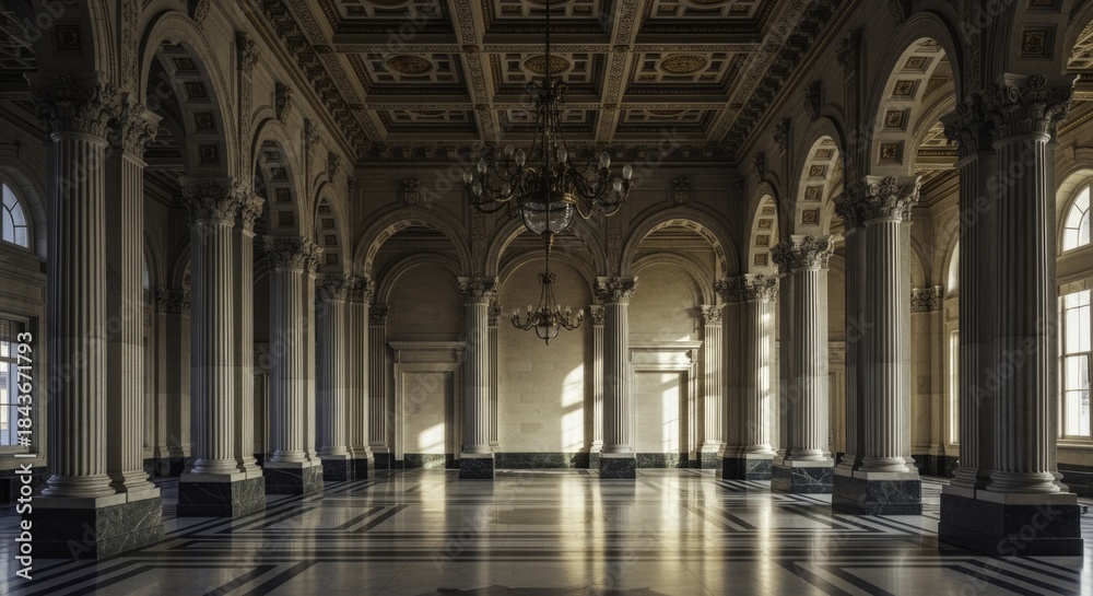Obraz premium Grand Classical Hall with Ornate Coffered Ceiling, Fluted Columns, and Marble Floor Bathed in Dramatic Sunlight