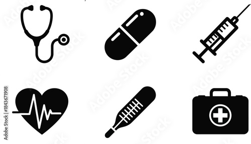 Collection of medical icons representing healthcare and wellness, including a stethoscope, pill, syringe, ECG, thermometer, and first aid kit