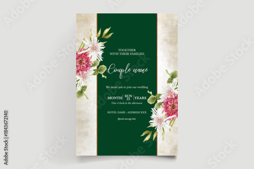 WEDDING INVITATION FRAME WITH FLOWER DECORATIONS AND FRESH LEAVES