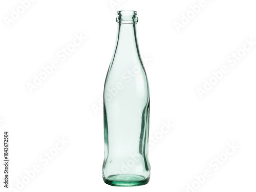 A single green glass bottle sits on a clean white surface. transparent background