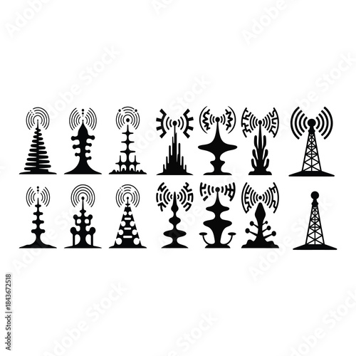Alien Language Signal Towers Silhouette vector illustration.