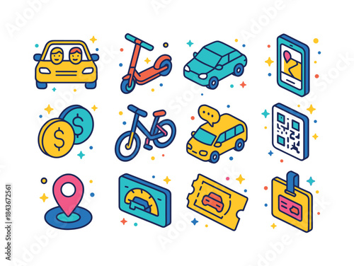 Shared Mobility Icons. Shared Mobility. Colorful isometric vecto