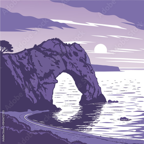 Stylized purple illustration of a dramatic coastal rock arch formation with a winding road leading to the sea under a hazy sun and cloudy sky