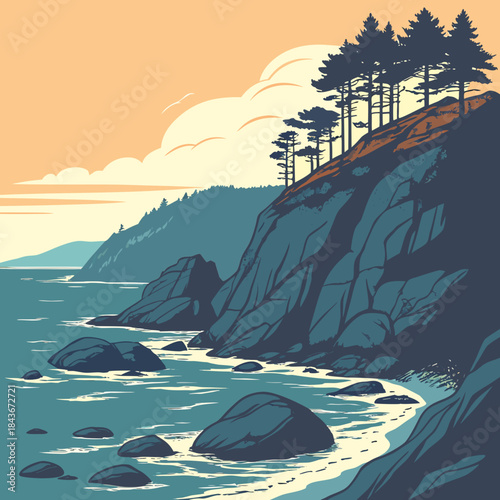 Serene coastal landscape featuring rugged dark blue cliffs meeting the calm turquoise ocean with scattered rocks and pine trees on a warm orange sky background