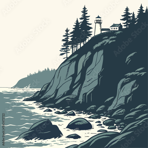 A stark stylized illustration of a rugged coastal cliffside with a lighthouse and dwelling overlooking a rocky shoreline and the ocean waves