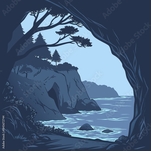 View of a serene coastal landscape with rugged cliffs and calm ocean waters framed by dark silhouetted trees and foliage