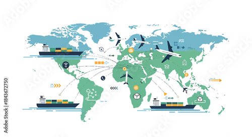 Global trade network with ships and planes