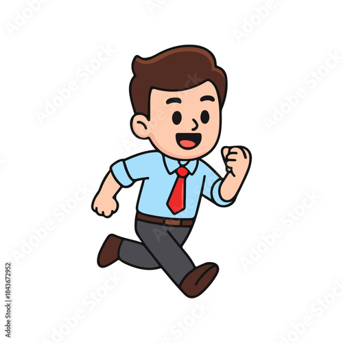 Cartoon office worker running with energetic expression. Chibi businessman in blue shirt and red tie sprinting.