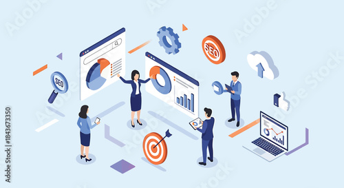 Team collaborating on seo and analytics dashboard