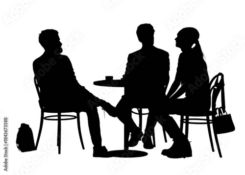 Three young adults having a conversation at a cafe table with coffee cups.