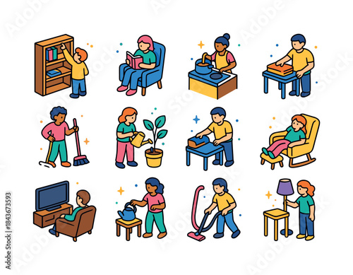 Colorful Home Activities Icons. At Home. Colorful isometric vect