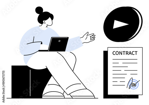 Business negotiation, contract signing, digital communication, online agreements, e-learning, virtual presentations. Woman working on a laptop beside a signed contract. Business negotiation