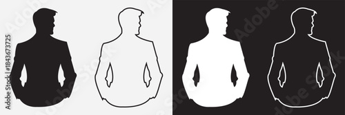 Fashion boys icon. Black and white male Fashion boys silhouette variations with filled and outlined styles, isolated on contrasting backgrounds for design and branding use.
