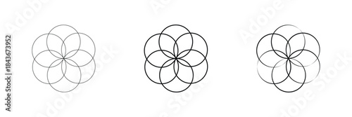 Simple overlapping circles vector drawing, version with three to seven objects, also interlocked rounds style. Isolated on white background. Vector Illustration .EPS 10 .