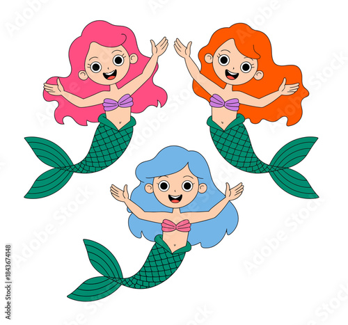 Three playful cartoon mermaids with bright, colorful hair and cheerful smiles, capturing the whimsical essence of marine fantasy and childlike imagination.