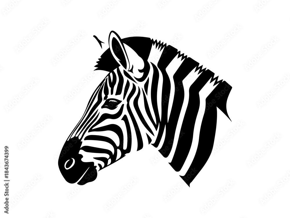 Obraz premium A striking black and white illustration of a zebra's head in profile, showcasing its distinctive stripes.