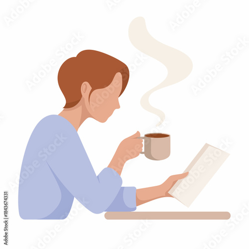 A serene depiction of a person leisurely sipping coffee while reading a book, highlighting themes of relaxation, mindfulness, and the joy of discovery in solitude.
