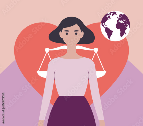 An illustration of a confident woman holding a scale symbolizing justice, surrounded by a heart and a globe, representing love, equality, and global awareness.