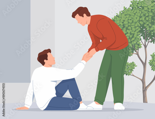 This image depicts two men, one sitting on the ground and the other helping him up, symbolizing friendship, support, and compassion in difficult times.