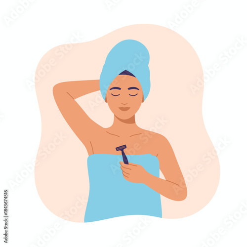 A woman relaxes in a bathroom, grooming her underarm hair with a razor, while wrapped in a towel, depicting personal care, self-confidence, and personal grooming routines.