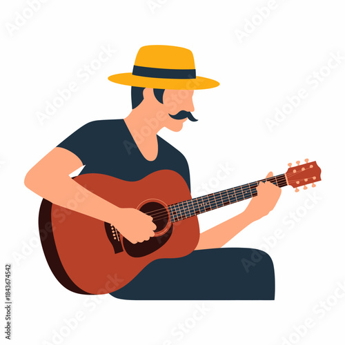 A musician with a classic mustache and hat passionately playing an acoustic guitar, conveying a sense of artistry, creativity, and connection through music in a relaxed environment.