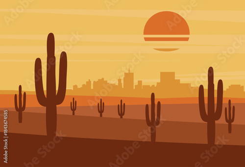 The image portrays a stunning desert sunset with silhouetted cacti and a city skyline against warm shades of orange and yellow, symbolizing tranquility and natural beauty.