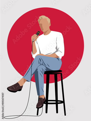 A modern illustration of a singer performing passionately on stage while holding a microphone, exuding confidence and creativity against a bold red circular backdrop.