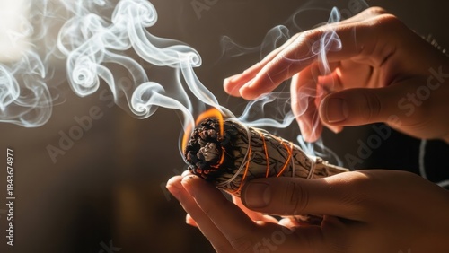 Burning Sage with Smoke Smudging Aromatherapy Spiritual. Concept featuring sage, smudging, aromatherapy, spiritual, wellness.
