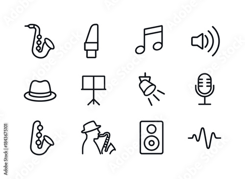 Saxophone Music Icons. Saxophone music. Line icon set of Saxopho