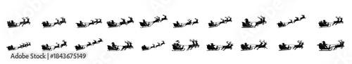 Santa Claus Riding Reindeer Sleigh Icon Set for Christmas and Winter Holiday